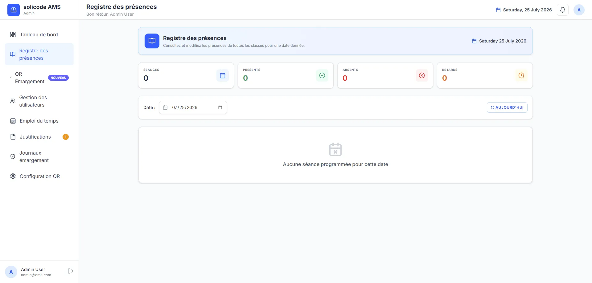 Attendance records table with filters by group, module, and status