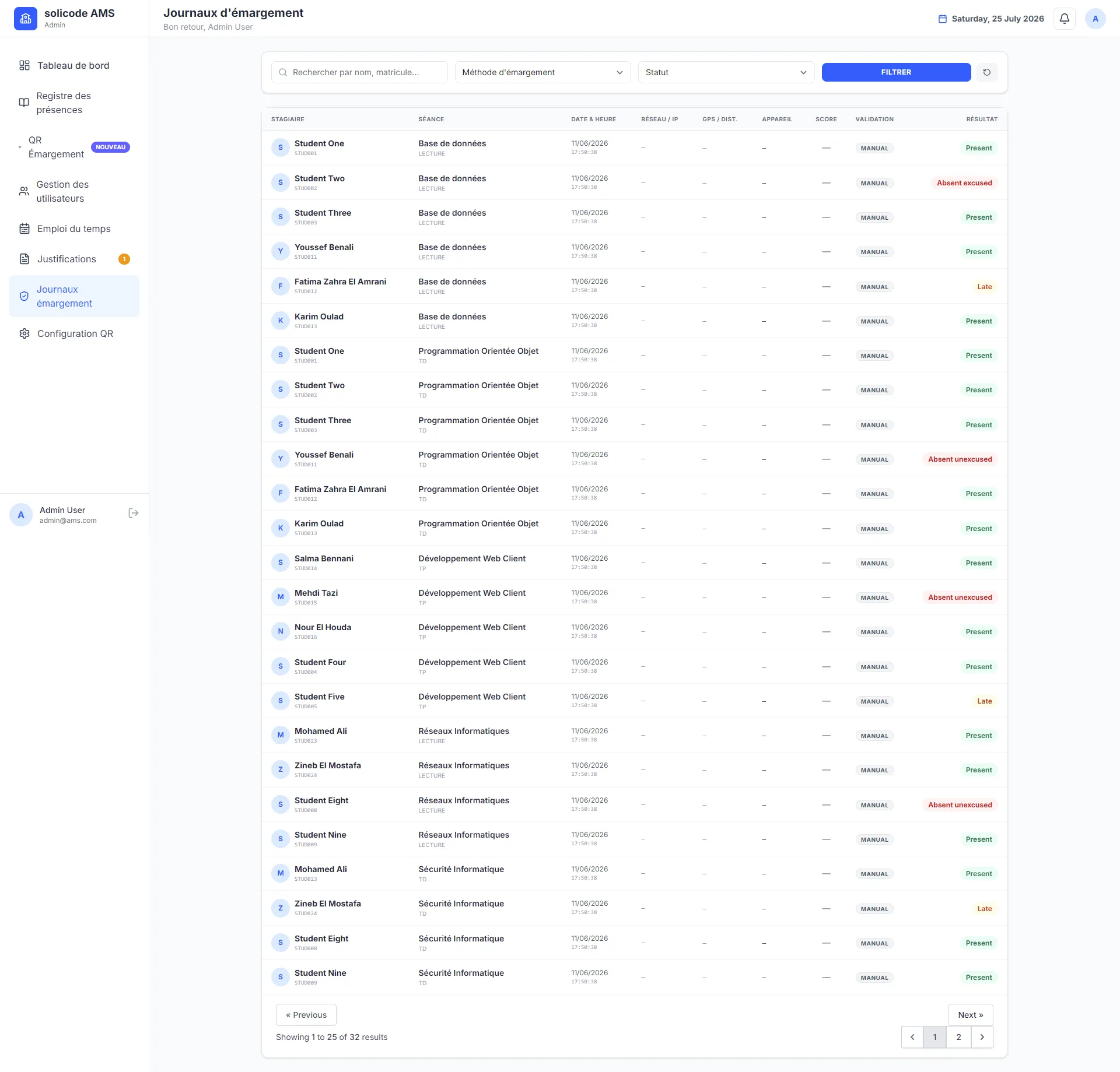 Audit log listing attendance and administrative actions
