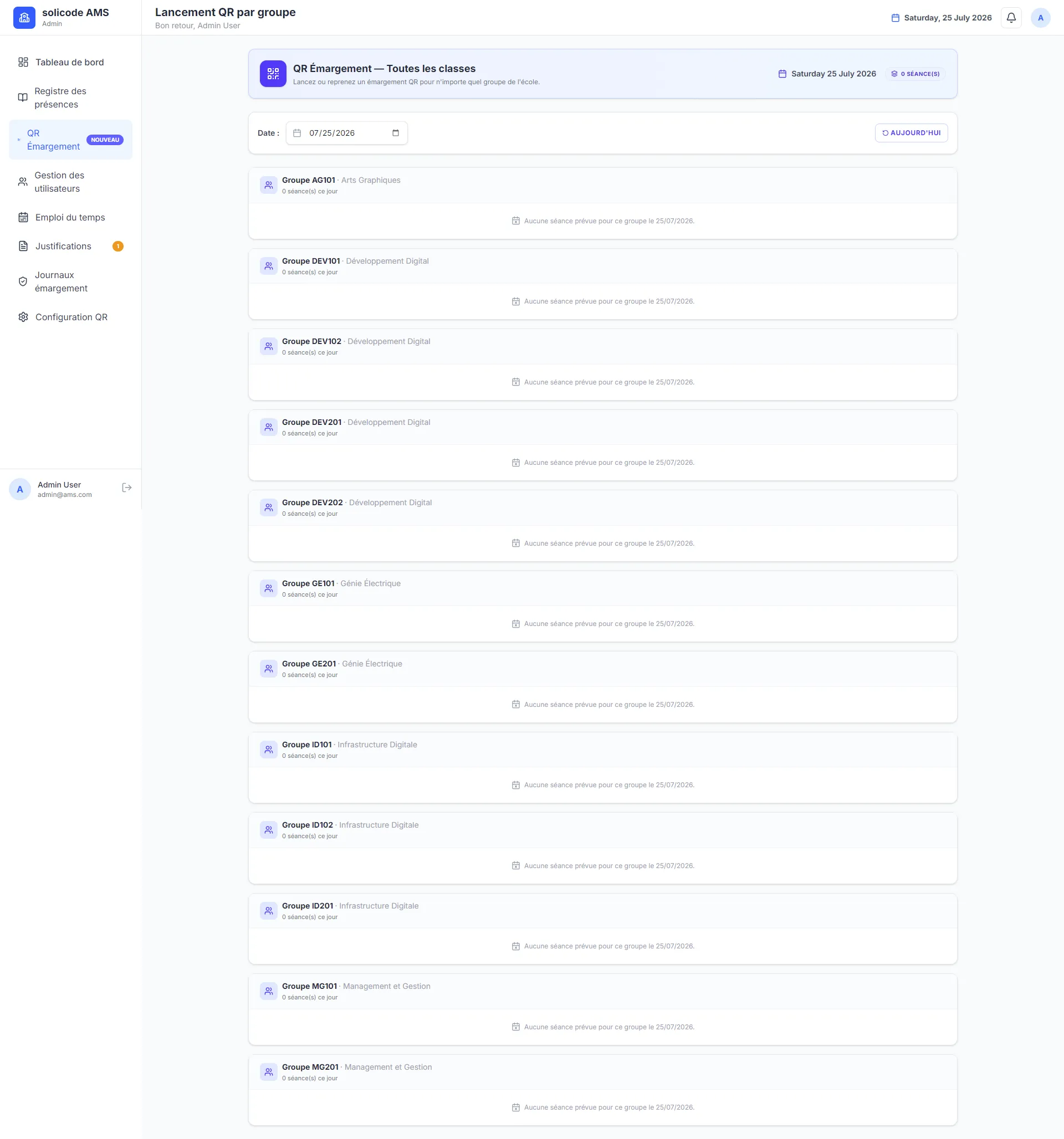 QR attendance management screen showing session tokens
