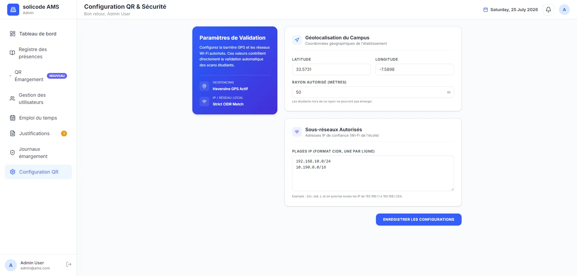 System settings for validation weights and campus parameters