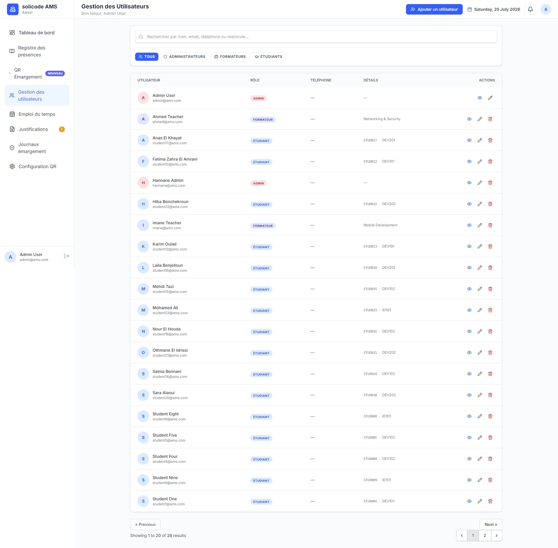 User management screen with role assignment