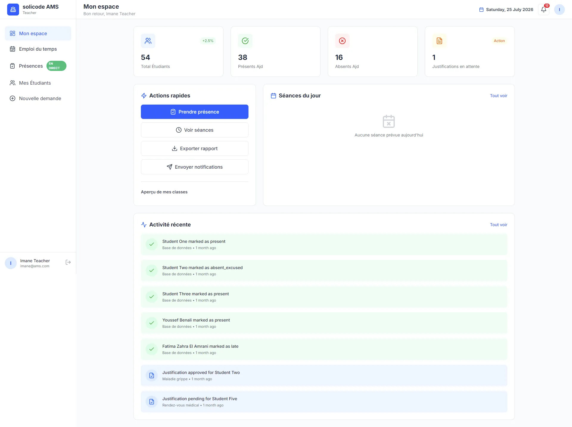 Teacher dashboard listing today's sessions
