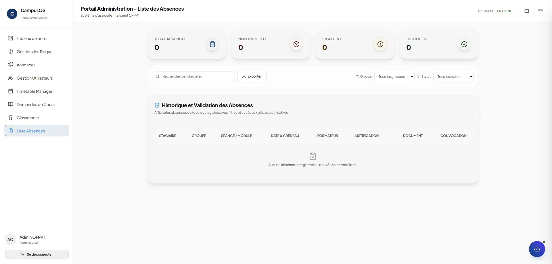 Absence history and validation table with filters and exportable records