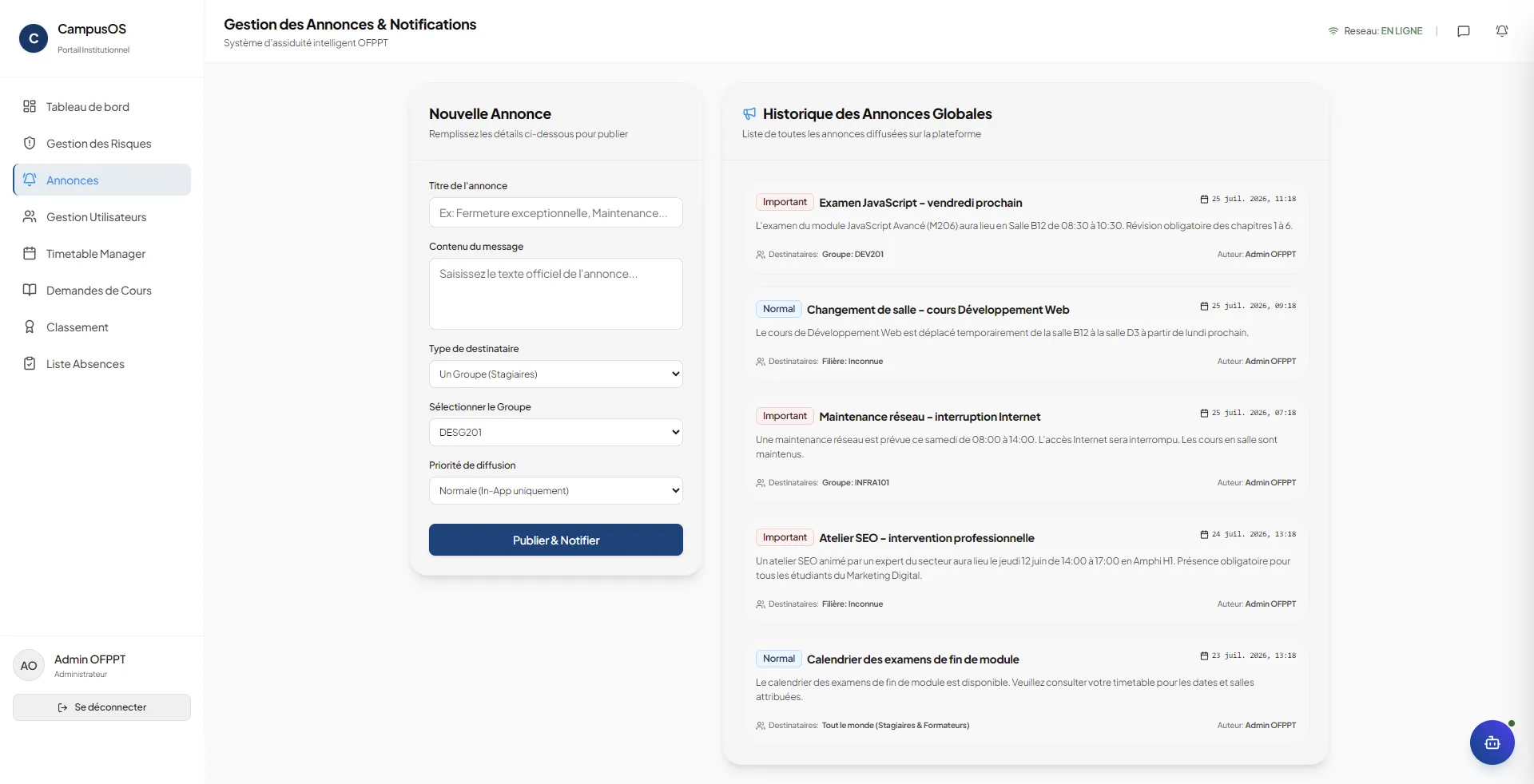 Announcement composer with recipient targeting and broadcast history