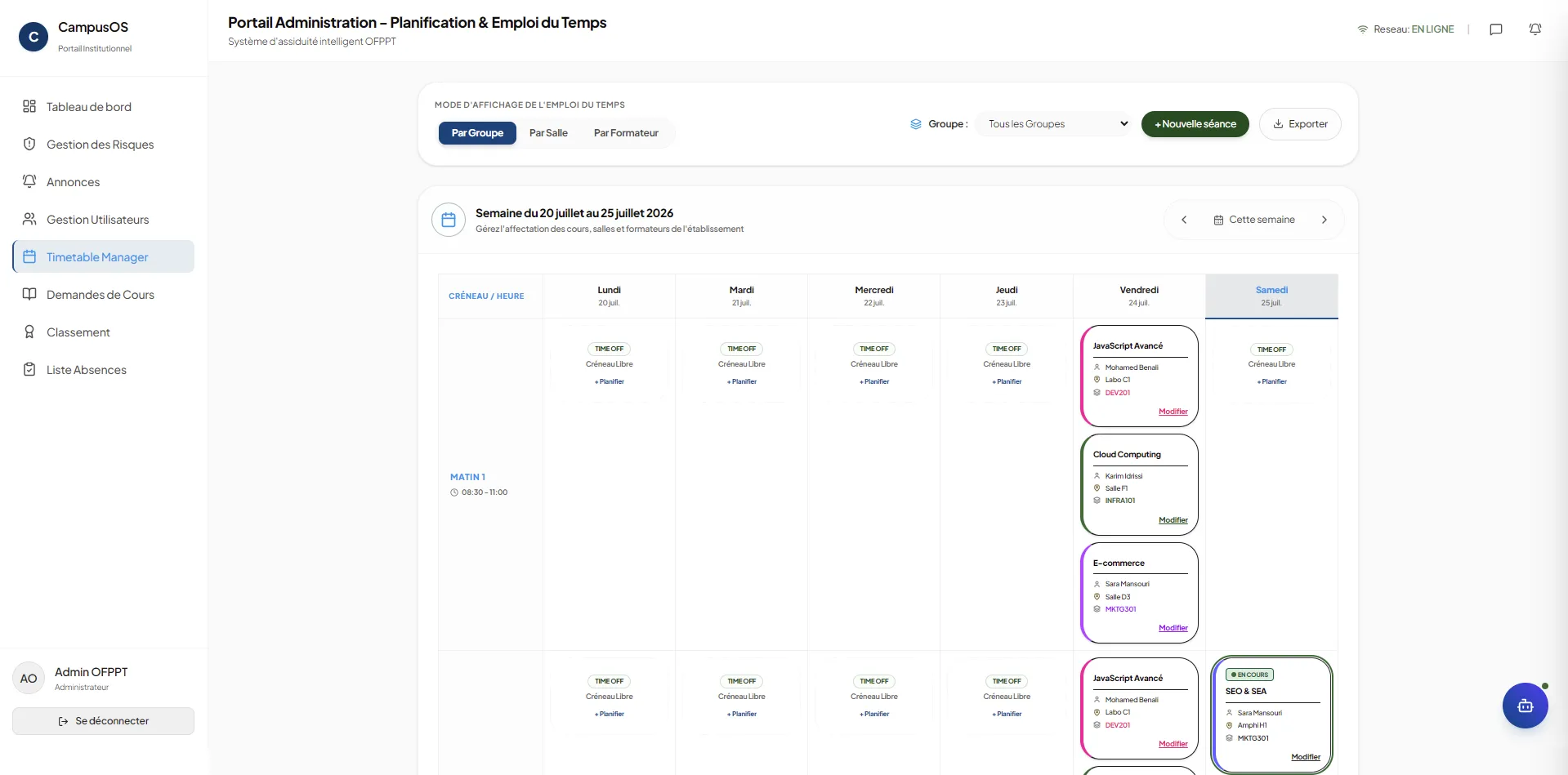 Weekly timetable manager with per-group, per-room, and per-trainer views and inline session editing