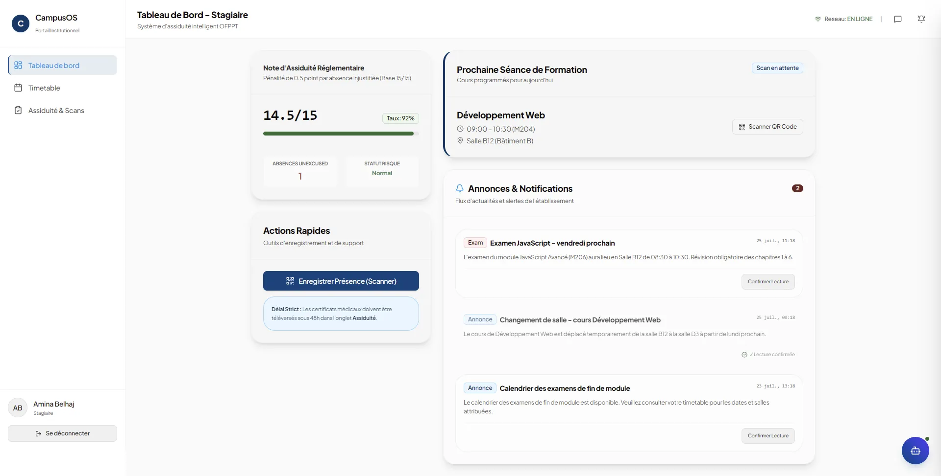 Student dashboard showing regulatory assiduity score, next session, QR scan action, and announcements